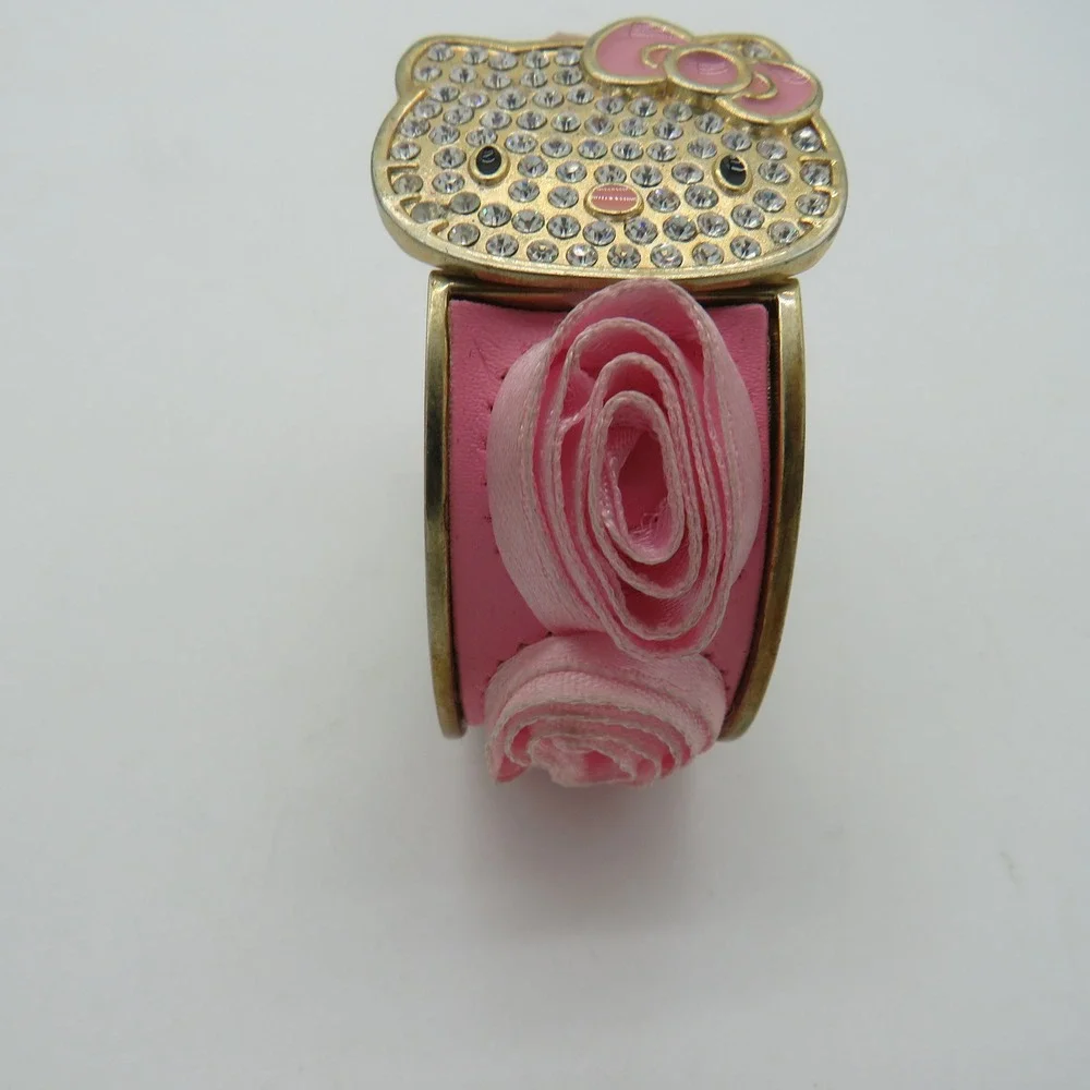 Sanrio Hello Kitty Rhinestone Flip Top Bangle Watch Pink Rosette Gold Tone Y2K